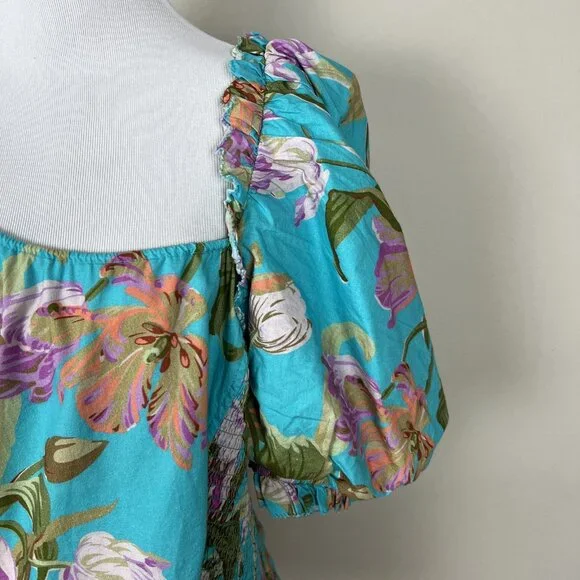 Anthropologie Love The‎ Label Top Womens XL Blue Floral Puff Sleeve Asymmetrical - Picture 6 of 14